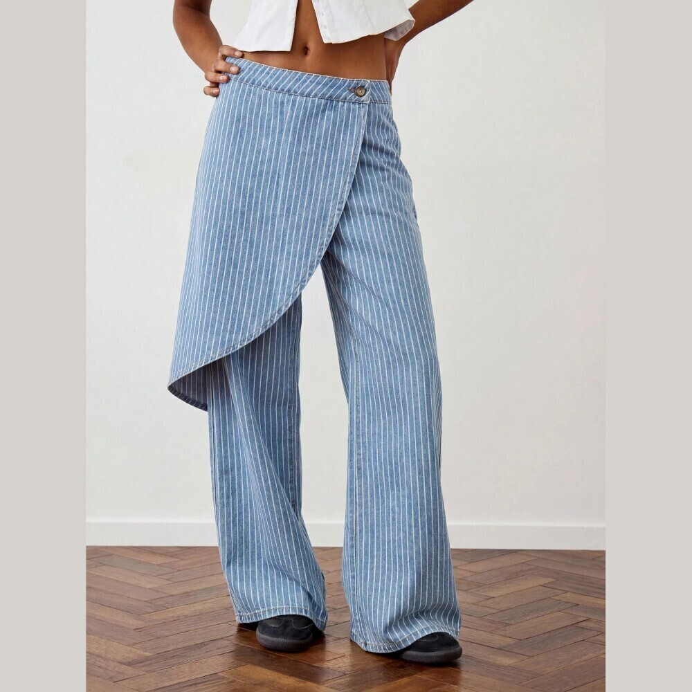 Blue Pinstripe Denim Asymmetric Apron Wrap Front Wide Leg Jeans